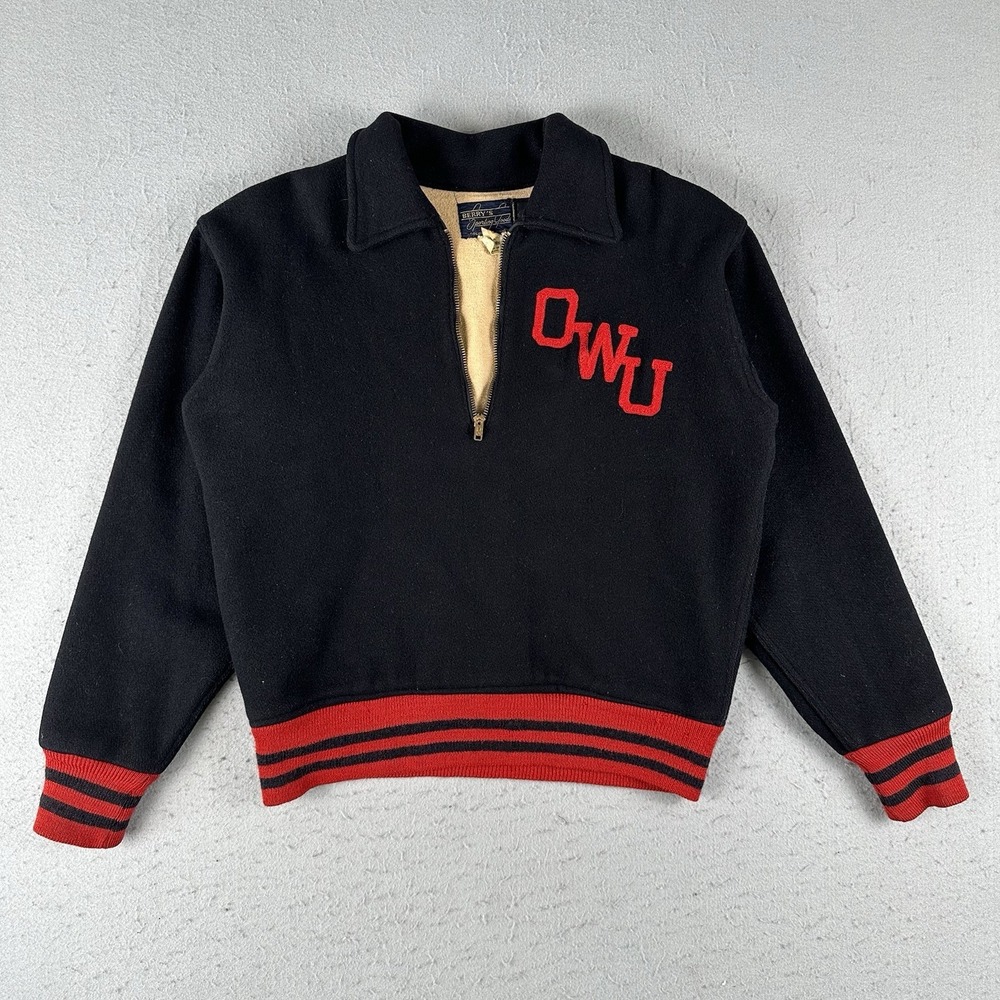 Vintage 50s 60s Felco Half Zip Warm Up Jacket 36 OWU Ohio Wesleyan Wool Black
